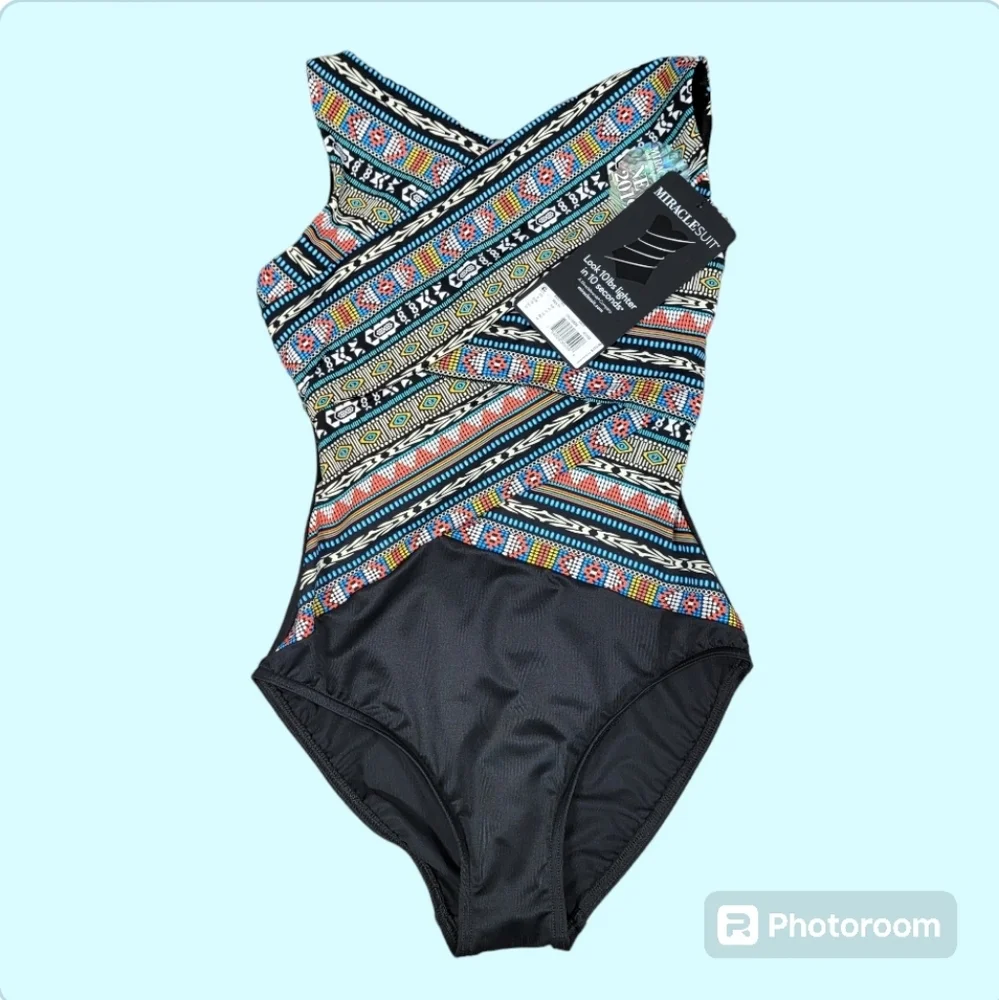 Miraclesuit NWT Black Multi Brio Underwire One Piece Swimsuit 8 MSRP $178